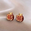 Exquisite gold-plated red pomegranate stud earrings with glittering zircon stones - 12# Pomegranate Shape Rhinestone Silver Earring Post Studs (HE29310) / Gold/Red