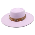 Detail of lavender wool felt fedora with brown leather band and metallic flower studs - Adult 57-59cm / Taro Purple