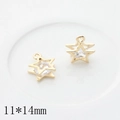 Macro shot of 11x14mm golden star charms with clear zircon inlay on white ceramic tray - Pentagram