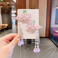 Pink ancient style hair clips with floral tassels and pearls on display card - Spring Green Purple Clips