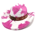 Detail of pink cow print cowboy hat with plush texture and bull head buckle decoration - Straight Crown Rose Red