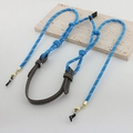 Blue and white woven dopamine style eyeglass chain with brown leather neck strap - Teal