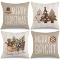 Set of 4 Christmas pillow covers with beige patterns and Merry Christmas text - Warm Beige Coffee Christmas Set