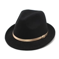 Classic black wool fedora hat with a champagne gold leather belt and metal buckle - M(56-58cm) / Black