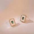 Vintage rectangular gold earrings featuring green gemstones and micro-paved zircons - Vintage Rectangular Enamel (E0132) / Gold/Green/White