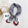 Retro light blue and red floral pattern square silk scarf on a white shirt background - Checkered Flowers Wine Red Edge