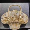 Golden flower basket evening bag with silver rhinestones and leaf-shaped jewel embellishments - Gold / White Zirconia