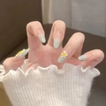 Green gradient almond nails with 3D frangipani flowers and glossy finish for women - By2068 Yellow And White Floral / Glue Type