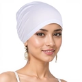 Close-up of a white elastic turban cap for women showing high-quality fabric and fit - One Size / White