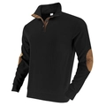 Detail of black ribbed knit sweatshirt with brown faux suede elbow patches and high collar - S / Black
