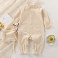 Tutina per neonato a costine beige con cappellino coordinato in cotone e bordi in pizzo - 80cm / Bianco Sporco