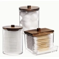 Three-piece clear acrylic bathroom organizer set with dark wood lids and grain details - 3pcs Set - 1 Round + 1 U-shaped + 1 Square with Black Wood Lid
