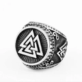 Vintage men's Viking Valknut stainless steel ring with embossed patterns and antique finish - US Size 7 / Valknut Ray / Steel
