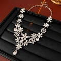 Detail of silver vintage flower necklace with sparkling crystals and droplet pendant - 16# Necklace-Silver-Flower