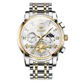 Men's luminous waterproof quartz watch with two-tone steel band and moon phase dial - Two-tone White Dial
