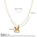 Letter M pendant pearl necklace in gold titanium steel with 35cm plus 8cm adjustable chain - Letter M (XL185 Artificial Pearl M Gold-Tone Necklace)