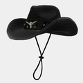 Detailed view of silver bull head metal buckle and gold rivets on black straw cowboy hat - One Size / Bull Head Black Decor Black