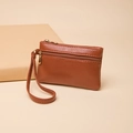 Brown litchi leather mini coin purse with double zipper and matching wrist strap - 12.5cm*8cm / Light Brown