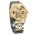 Forsining men's automatic skeleton mechanical watch with silver and gold steel strap - Gold Case Gold Dial
