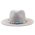 Unisex wide brim straw sun hat in grey with ethnic beaded band for outdoor travel - Gray
