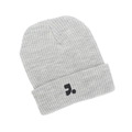 Detail of light grey ribbed knit beanie with folded cuff and small 'j.' embroidery - Light Gray