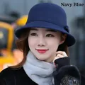 Elegante cappello cloche in feltro di lana blu navy per donna con fiocco e stile vintage - Blu navy
