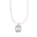 Collana di perle d'acqua dolce con pendente quadrato di strass argento su bianco - Collana Perla Colore Acciaio Pendente Quadrato (P1519)