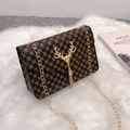 Brown vintage crossbody bag with clover pattern, gold deer head and chain strap - Coffee