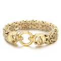 Gold Byzantine king chain bracelet for men with dual skull heads and ring clasp - Gold (KB161108-KFC)