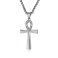 Collana croce Ankh argento da uomo con cristalli lucidi e catena in metallo intrecciato - Colore Acciaio + Catena PL002 3mm*60cm