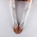 Long white bridal satin gloves with fingerless lace floral embroidery and beadwork - Off White