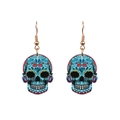 Detail of blue sugar skull acrylic earrings with colorful heart and diamond floral patterns - Blue