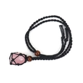 Handmade necklace with natural pink crystal stone wrapped in black woven mesh pouch - Rose Quartz