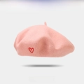 Pink wool beret for women featuring a small red heart embroidery and soft texture - Pink