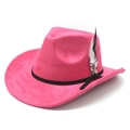 Close-up of bright pink faux suede western hat with black ribbon and feather detail - M (56-59cm) / Rose Red