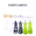 6-pair set of floral print resin hoop earrings and pearl studs on display card - 6 Pairs Set - Marble Pattern (11270)