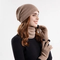 Winter 3-piece knit set in light brown including touchscreen gloves, beanie and scarf - Khaki