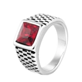Men's silver stainless steel signet ring with a square faceted red gemstone inlay - US 7 / Silver with Red Gem