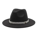 Close-up of black wool fedora featuring a rhinestone band and gold M letter charm - M (56-58cm) / Black