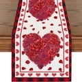 Valentine's Day table runner with red roses and heart patterns on wood background - Red Rose Heart Pattern (VT008) / 33x183cm