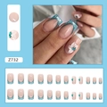 Blue glitter French press-on nails with 3D white flower accents and rhinestones - Lake Blue Elf Style (Z732/Glue Type)