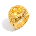 Exaggerated 18K gold plated ring featuring floral relief and large yellow zircon - US 6 / Flower Zircon Ring - Gold