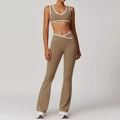 Taupe high-waisted yoga set with white contrast trim and V-neck crop top - XL / Top And Bottom (Bra + Flare Pants) / Cocoa Brown