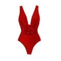 Detailed view of handmade 3D floral decoration on a deep V-neck dark red swimsuit - S / V-Neck One-Piece Swimsuit Only