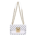 Bolso bandolera blanco con estampado de rombos y elegante correa de cadena dorada - Blanco