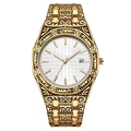 Men's octagonal gold watch with white dial featuring intricate carved metal textures - White Dial Gold Case