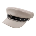 Detailed close-up of ivory sailor hat featuring black trim, silver buttons and metal chain - One Size 58cm / Beige Anchor Style
