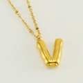 Golden puffy bubble letter V pendant necklace with textured detail and gold bead chain - Letter V / Gold