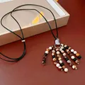 Collana etnica con nappe di perle in pietra naturale e cordino nero regolabile - Collana di Perline in Pietra Naturale Caffè Scuro (Corda di Cera Nera)