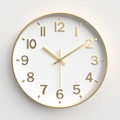 Minimalist 12 inch round wall clock with golden frame and 3D numeric dial for living room - White Dial Champagne Gold